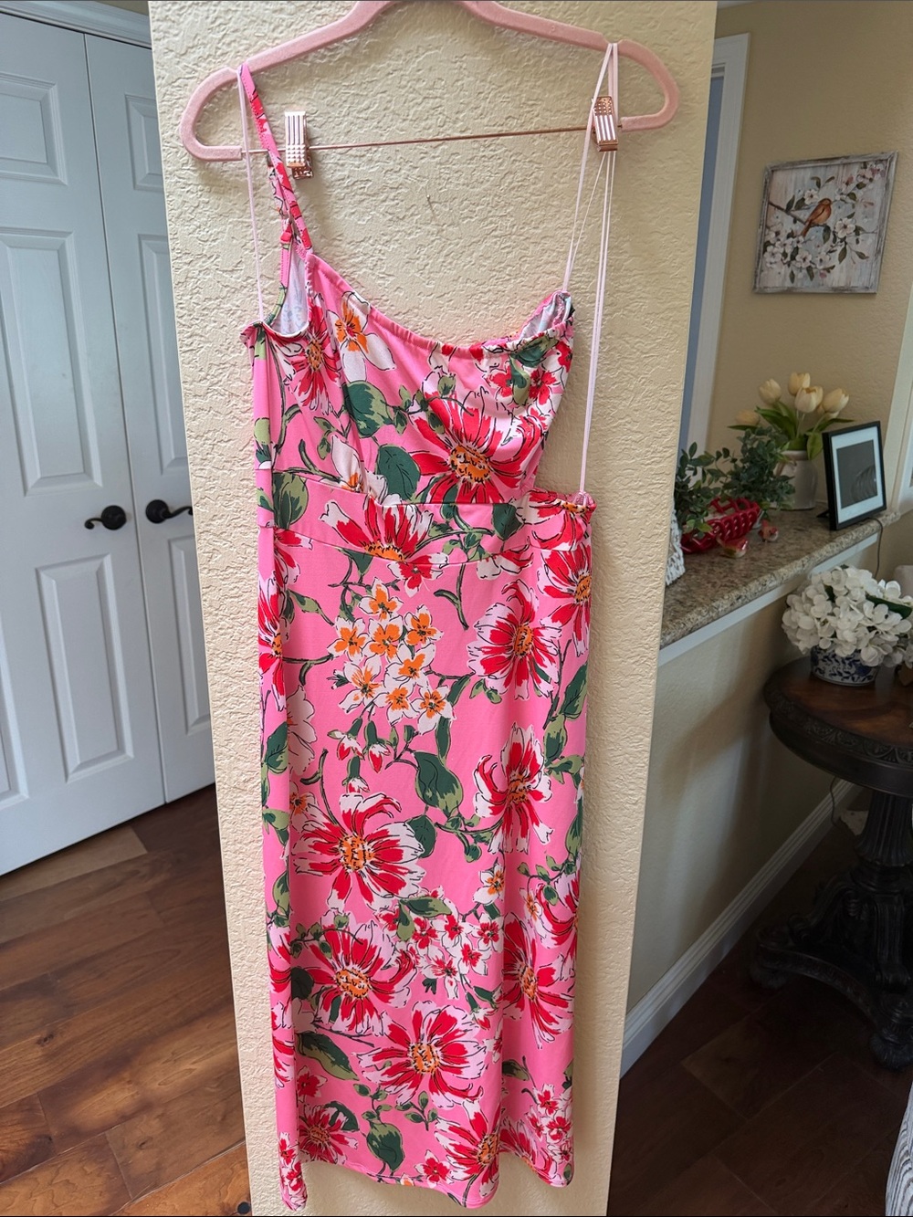 19 Cooper Pink Floral Slip Midi Dress with cut outside and one shoulder strap